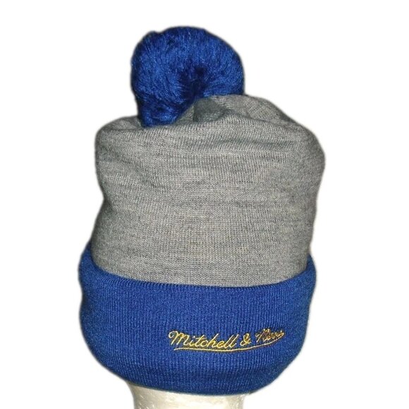 Golden State Warriors Mitchell & Ness Mens Beanie Pom Winter Hat Cap Script Logo - Picture 2 of 2